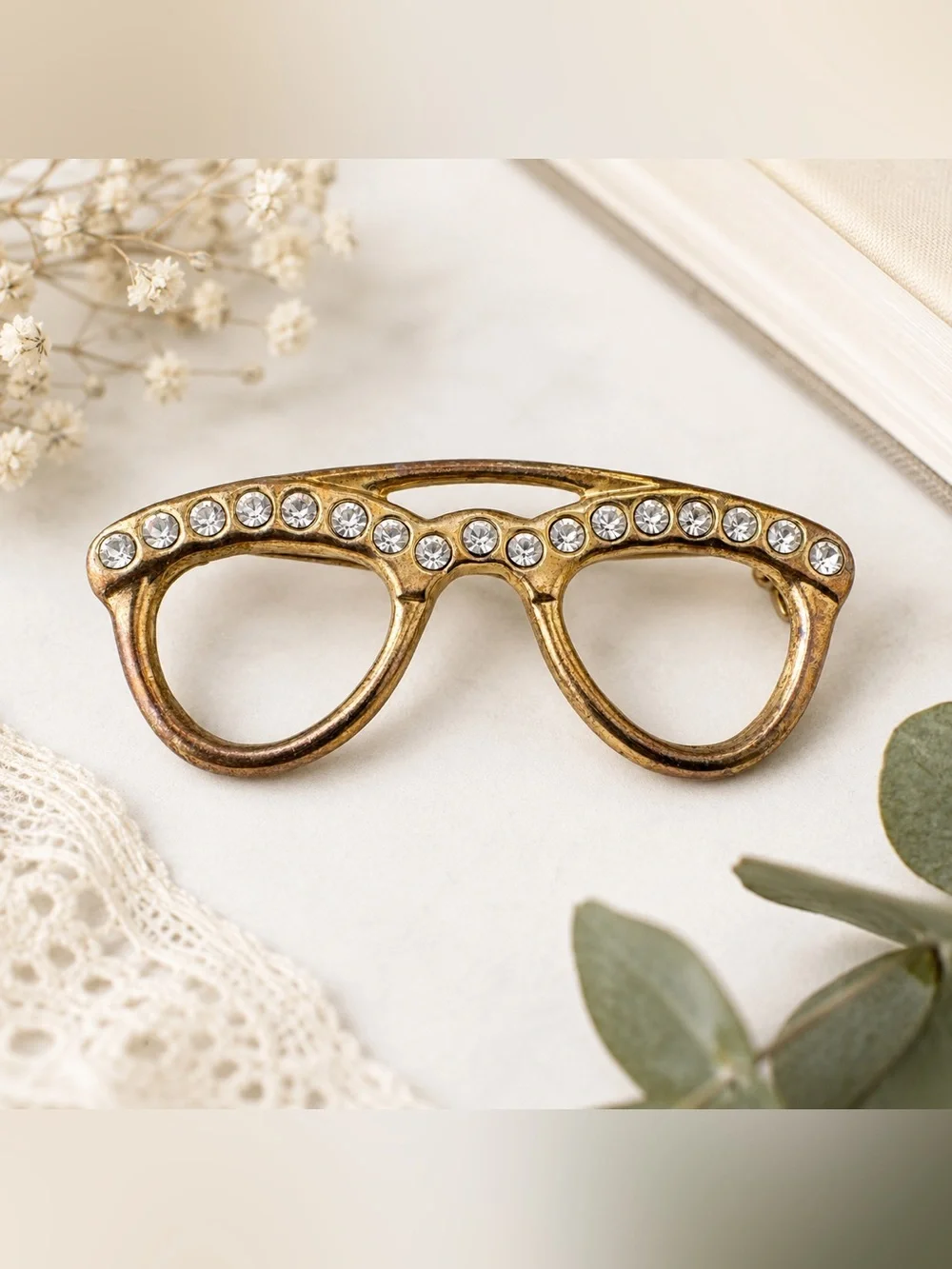 Vintage Rhinestone Eyeglasses Brooch Gold Tone Crystal Pin
